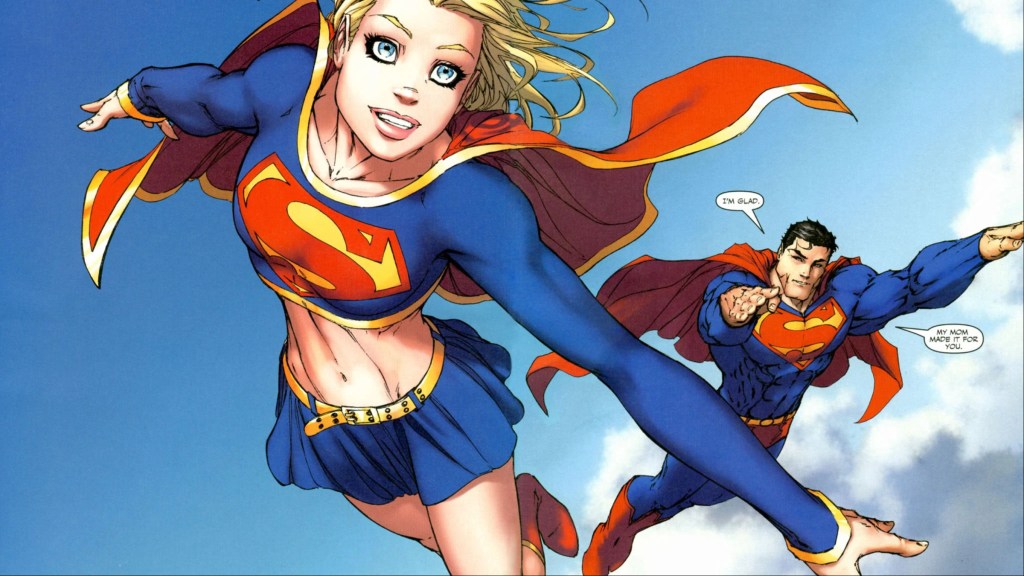 Supergirl flying with Superman