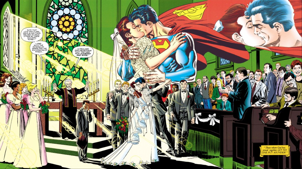 Superman and Lois Lane's wedding day, with them kissing in front of the church