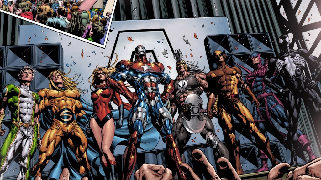 Noh-Varr, the Sentry, Ms. Marve, Iron Patriot, Ares, Wolverine, and Spider-Man gathered together in front of a cheering crowd