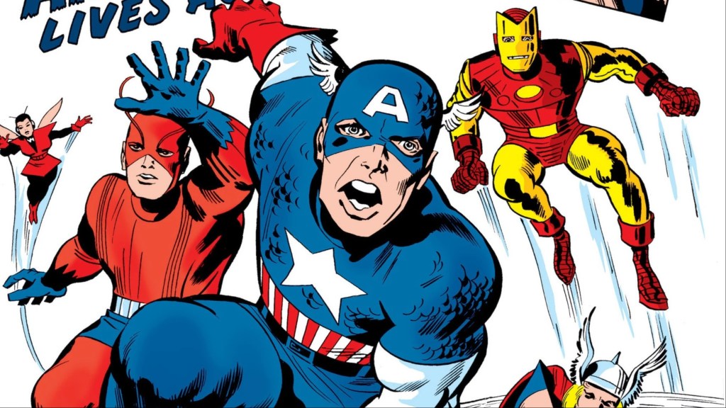 Captain America leading Wasp, Ant-Man, and Iron Man into battle