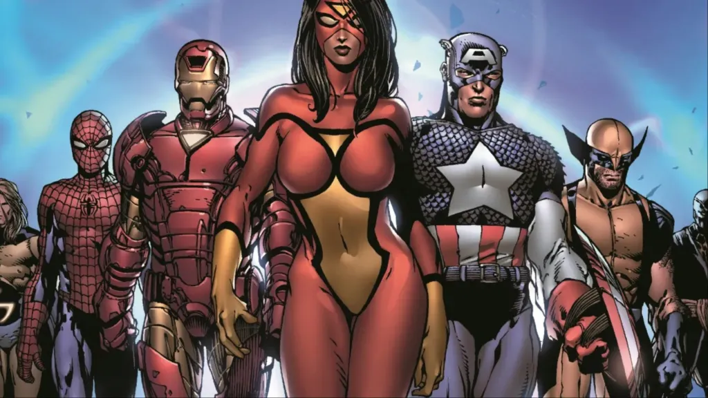 The Sentry, Spider-Man, Iron Man, Spider-Woman, Captain America, Wolverine and Ronin walking together