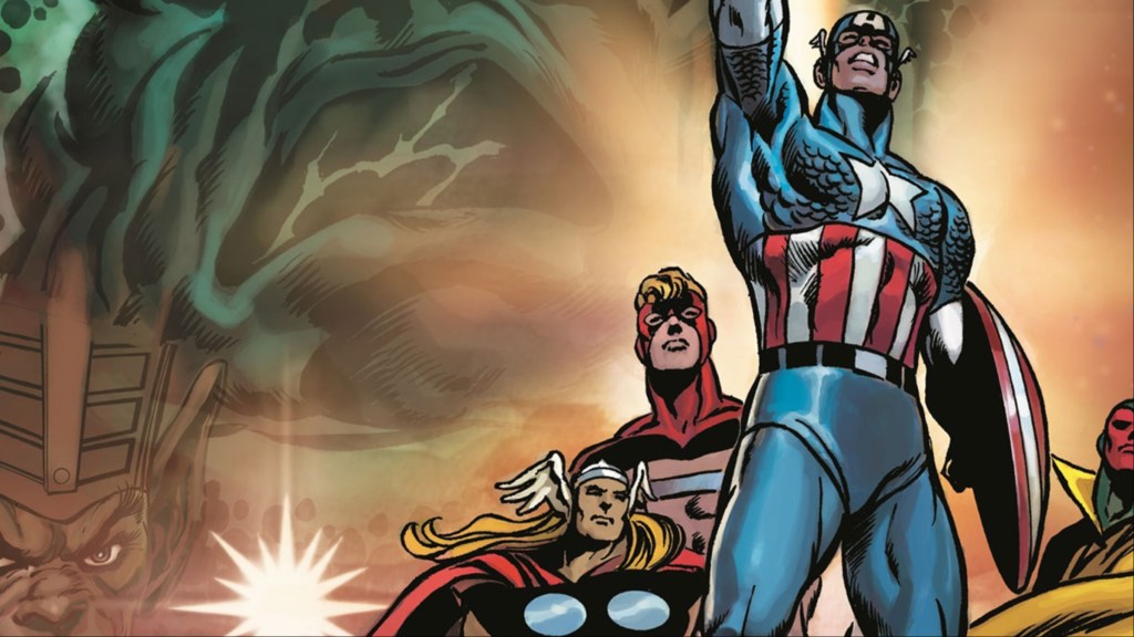 Captain Ameirca, Thor, and Goliath standing together in front of specters of the Skrull Emperor and the Kree Supreme Intelligence