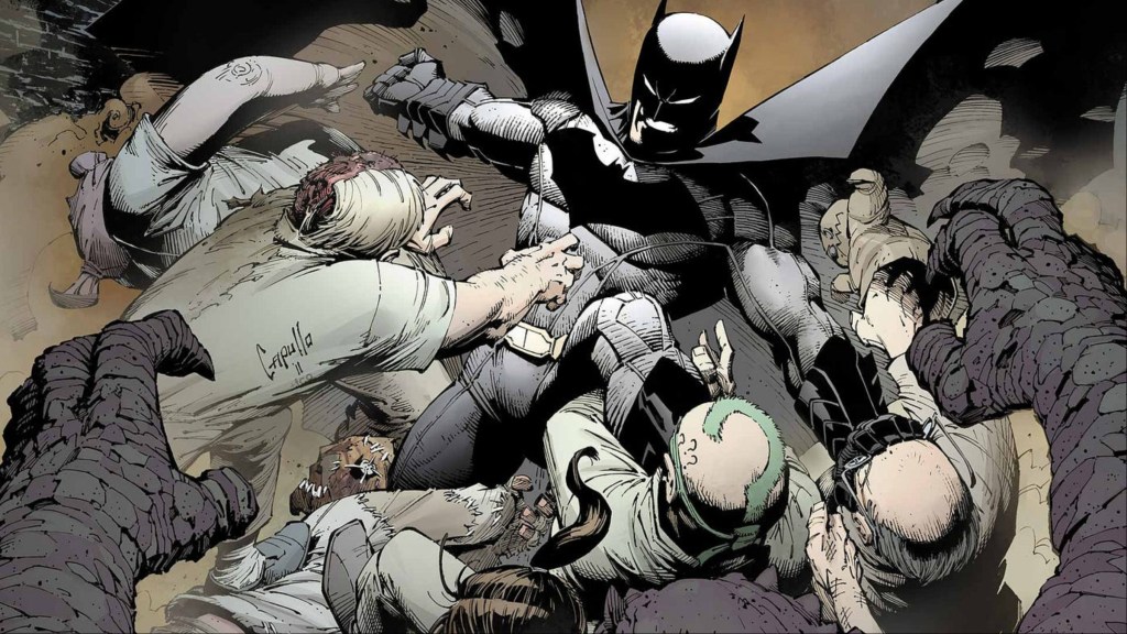 Batman battling against a group of villains