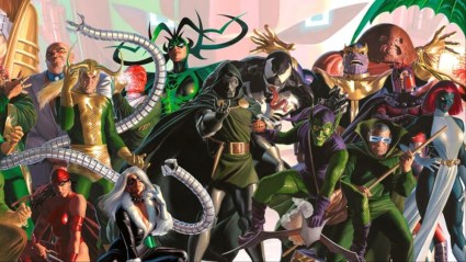 Marvel villains gathered together drawn and painted by Alex Ross