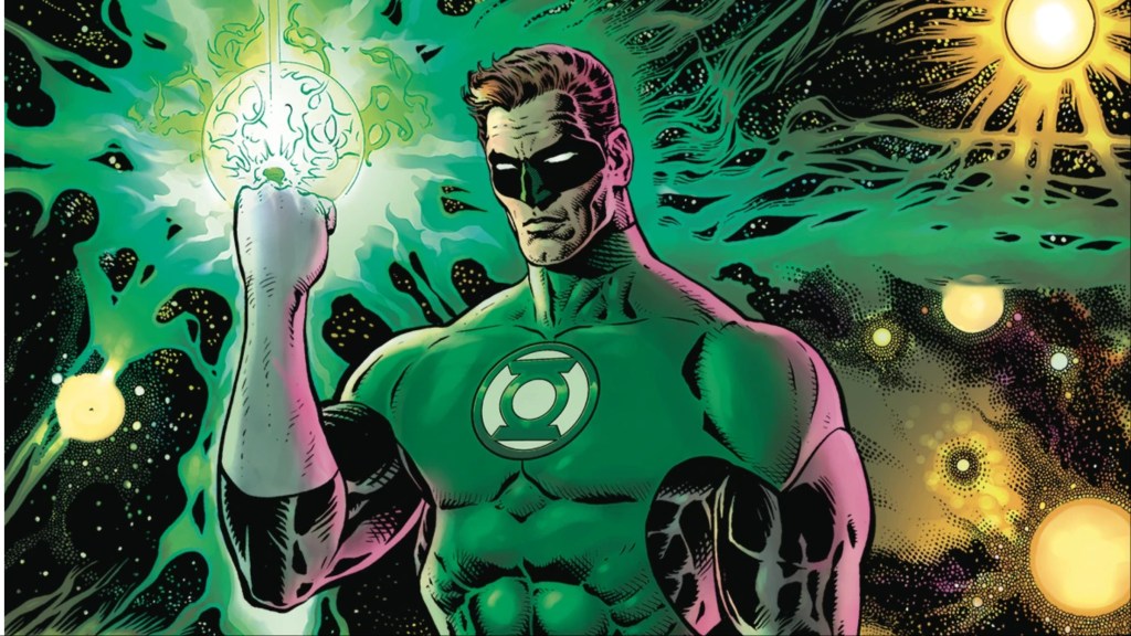Hal Jordan holding up his Green Lantern ring with his hand wreathed in power in outer space