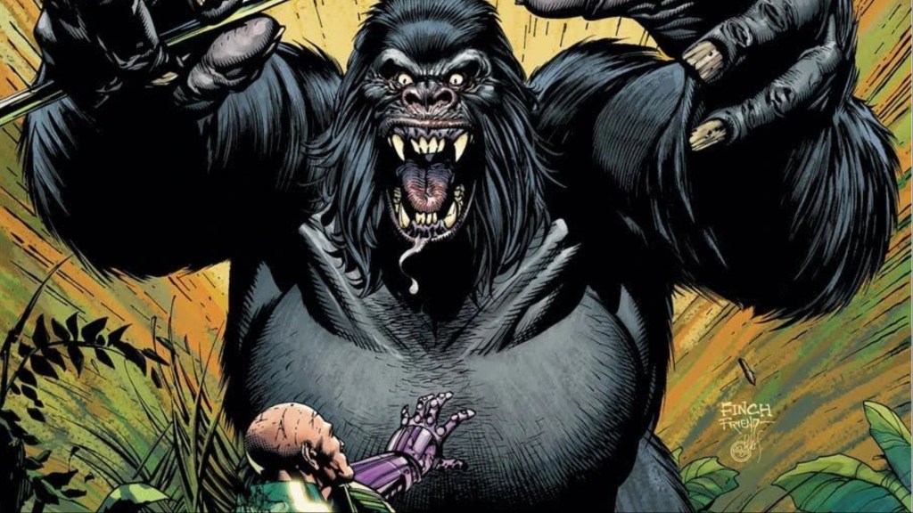 Gorilla Grodd springing forward to attack Lex Luthor