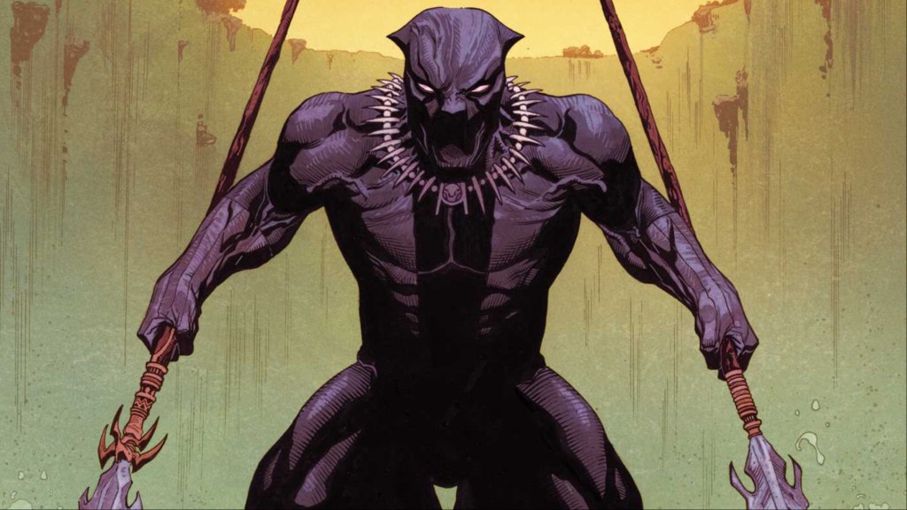 Black Panther ready to pounce holding two different spears