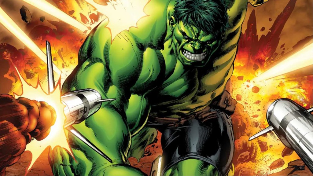 The Hulk under attack with missiles flying at him