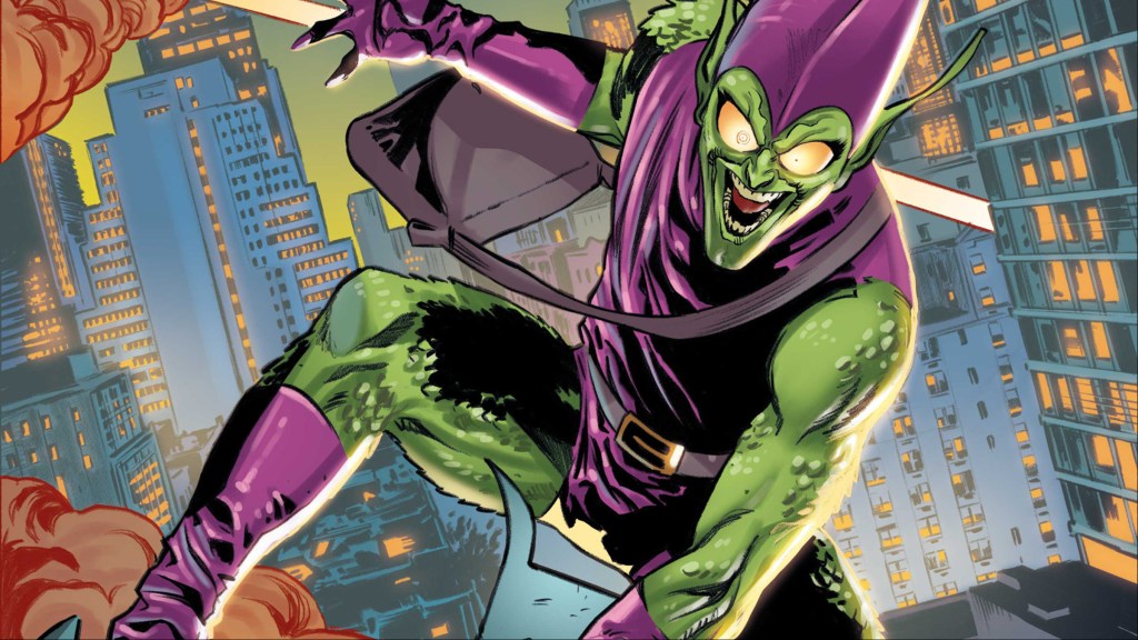 Green Goblin flying on his goblin glider over the city