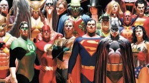 The Justice League gathered together drawn and painted by Alex Ross