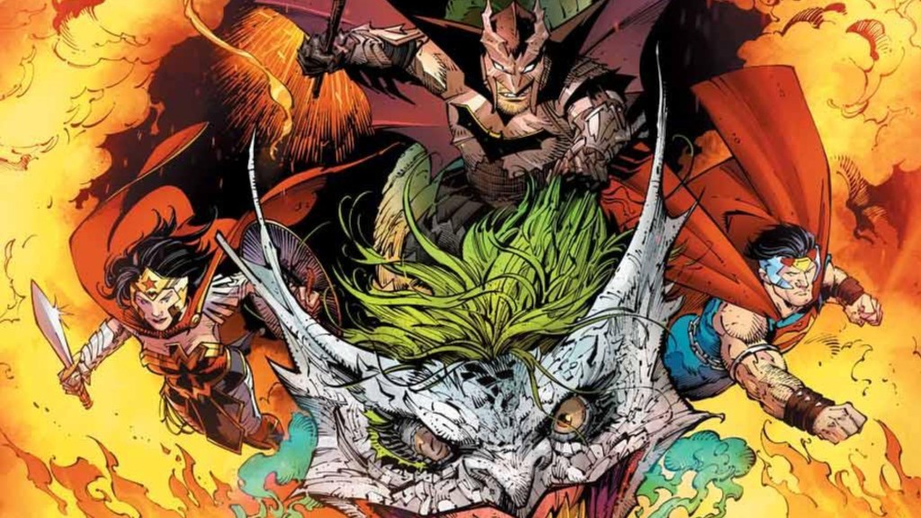 Batman riding a Joker dragon with Wonder Woman and Superman on either side of him, the three of them flying out of the fire