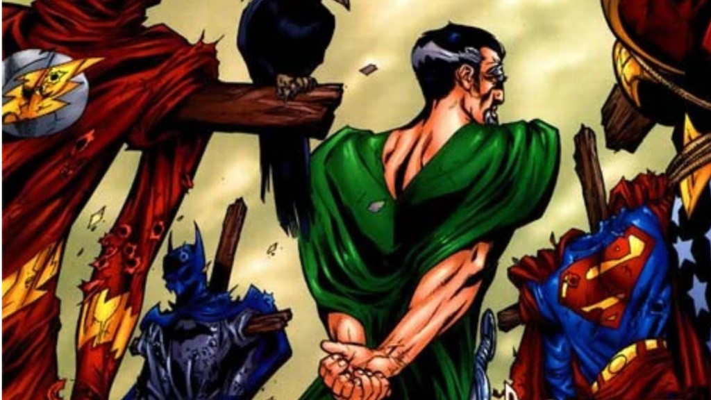 Ra's al Ghul walking among tattered Justice League scarecrows