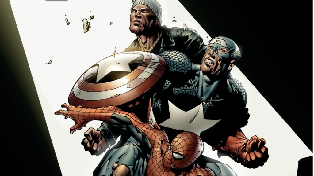 Luke Cage, Captain America, and Spider-Man standing together in a spotlight