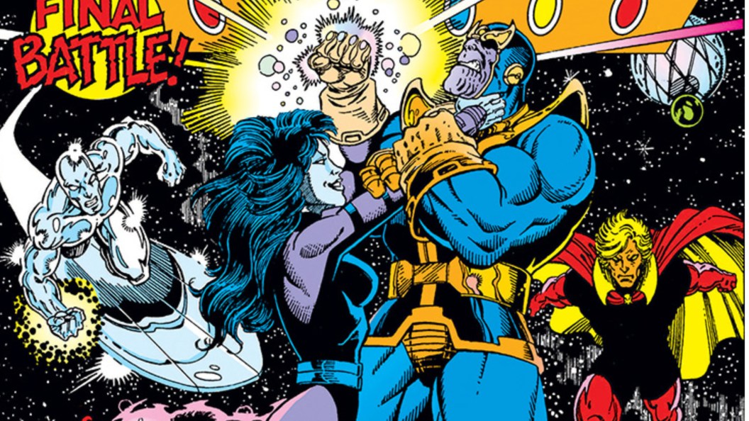 Nebula holding up Thanos by the throat as Silver Surfer and Adam Warlock zoom in