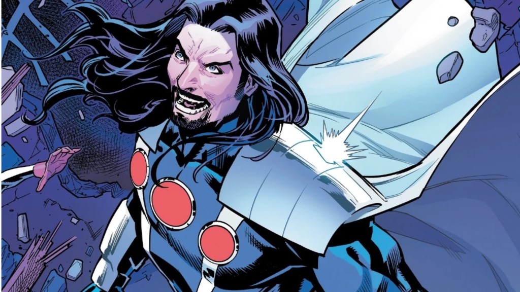 Graviton smiling evilly with his cape billowing in the breeze