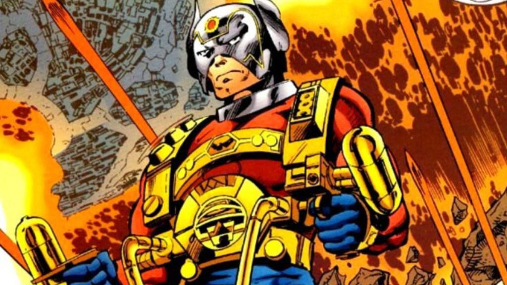 Orion with the Astro-Force harness flying over Apokolips