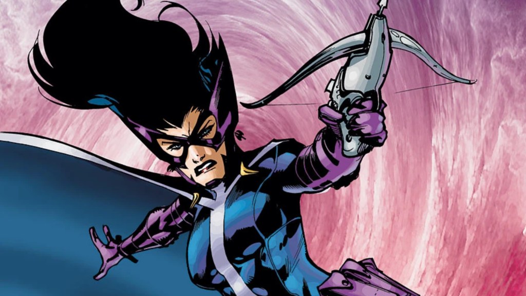 Huntress jumping through a purple void, pointing her crossbow