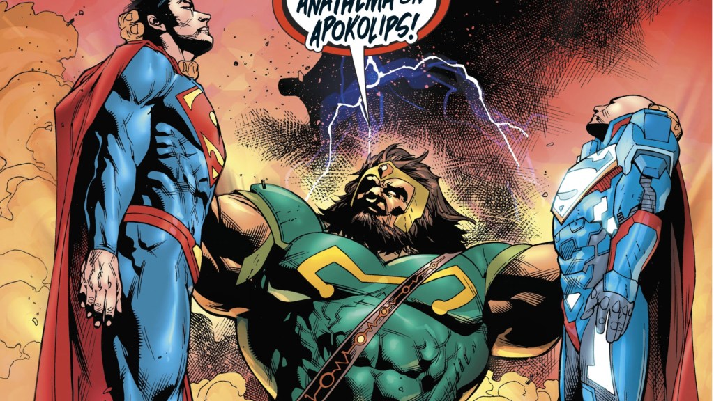 Kalibak holding up the Superman and Lex Luthor