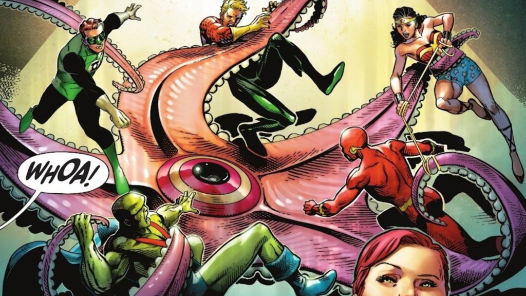 The Flash, Green Lantern, Aquaman, Wonder Woman, and Martian Manhunter battling Starro