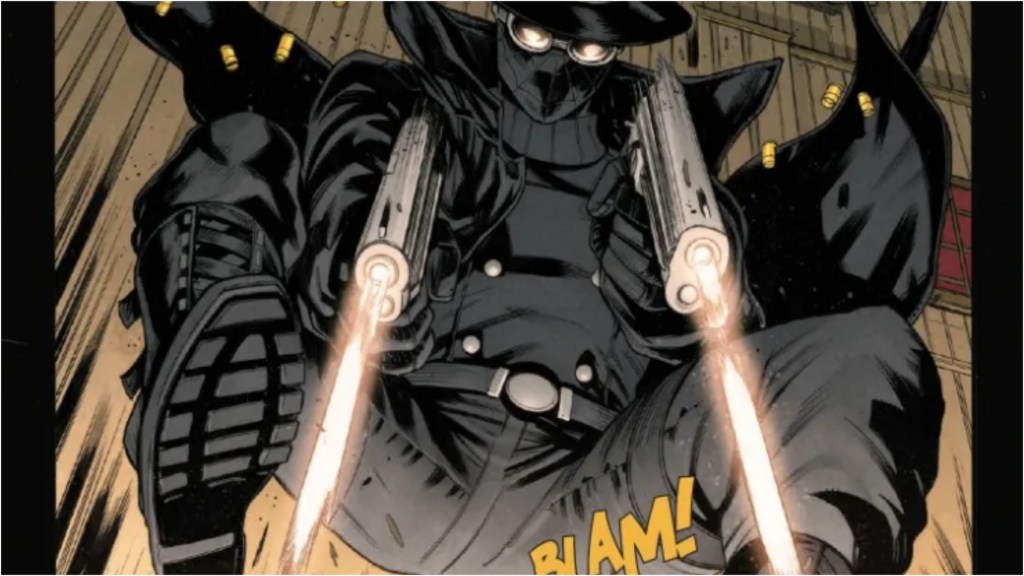 Spider-Man Noir dropping down from a building and firing guns
