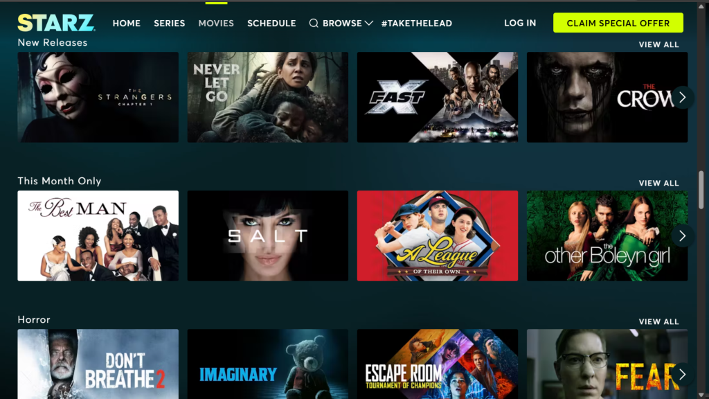 Movies Section on Starz