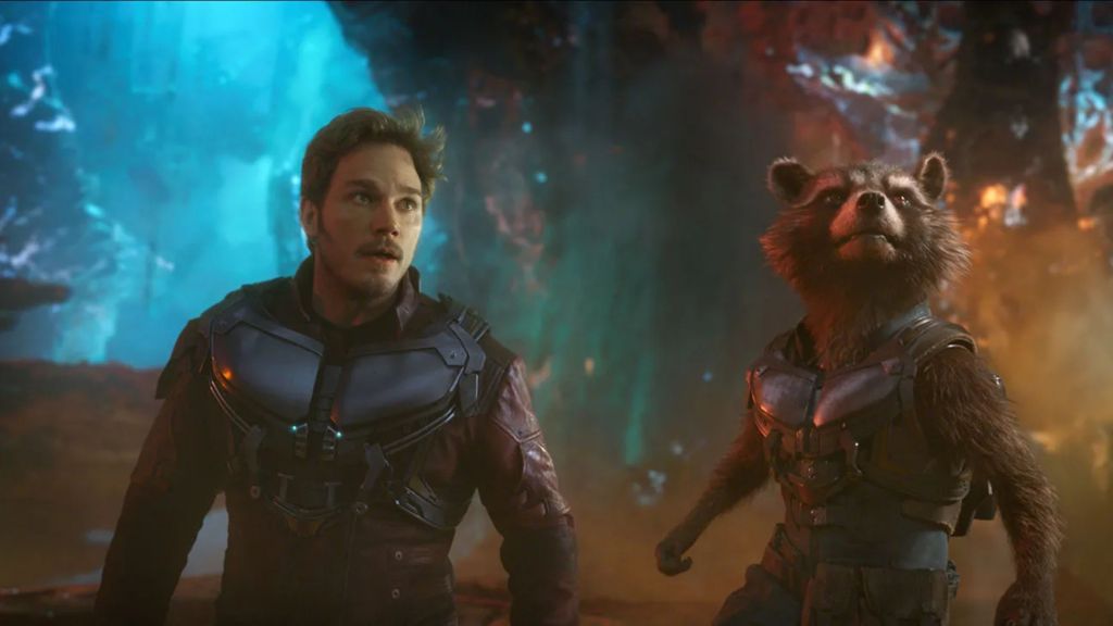 Peter Quill (Chris Pratt) and Rocket Raccoon (Bradley Cooper) in Gaurdians of the Galaxy Vol 2