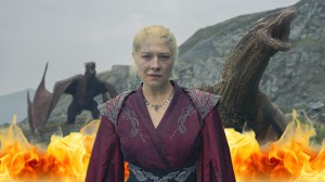 Rhaenyra with dragons and fire in House of the Dragon