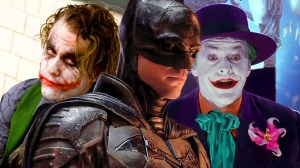 Robert Pattinson as Batman, with Heath Ledger and Jack Nicholson as The Joker