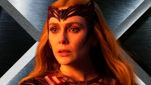 Scarlet Witch (Elizabeth Olsen) in the MCU, with the X-Men logo behind her