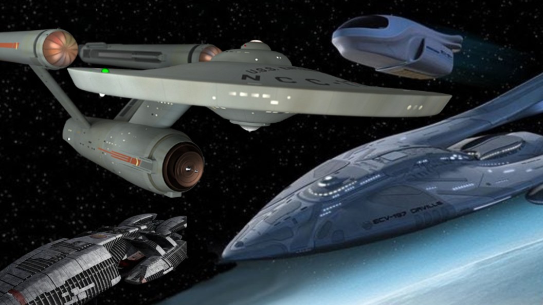 Star Trek Enterprise with Orville and Battlestar Galactica Ships
