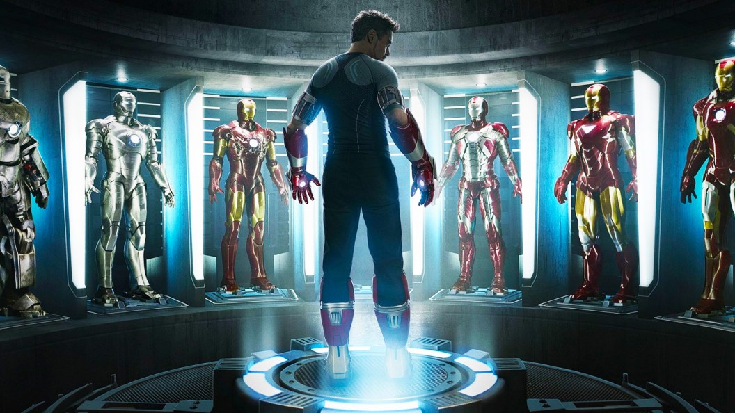 Tony Stark with his Iron Man armors in the MCU