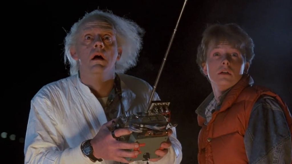 Christopher Lloyd as Doc Brown and Michael J Fox as Marty McFly in Back to the Future