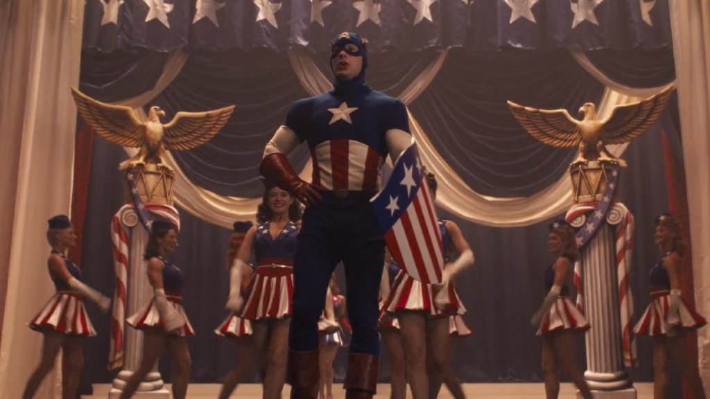 Chris Evans as Captain America selling war bonds in Captain America: The First Avenger