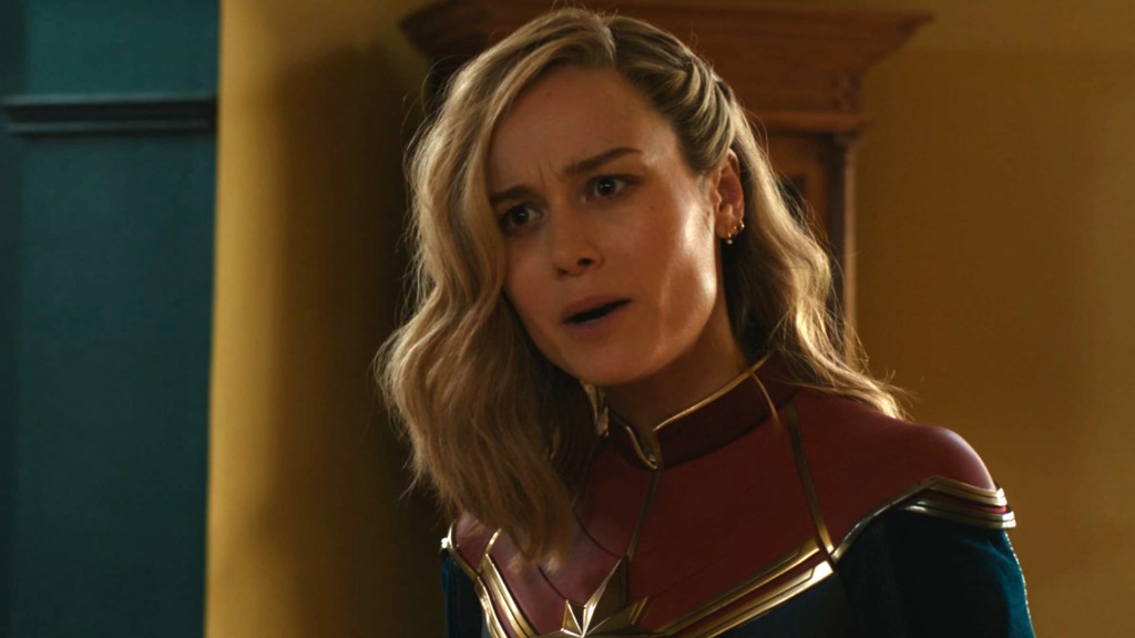 Brie Larson as Captain Marvel looking shocked in The Marvels