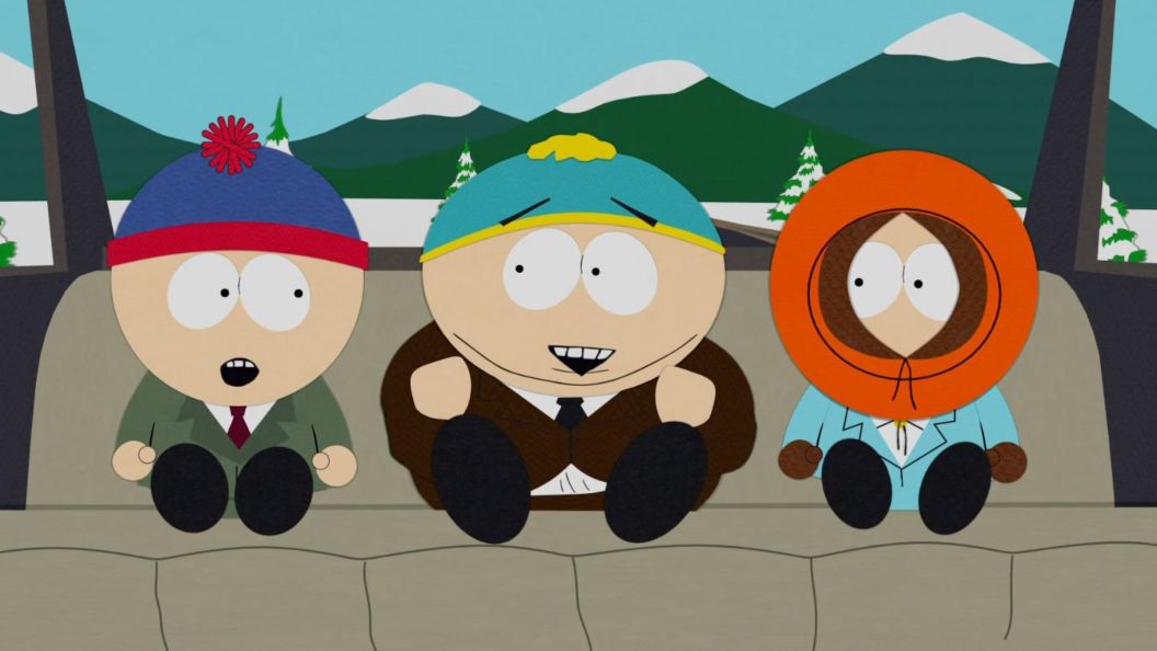 Cartman, Kenny, and South Park in the car in South Park.