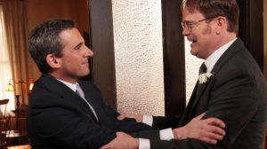 Dwight and Michael reuniting in The Office.