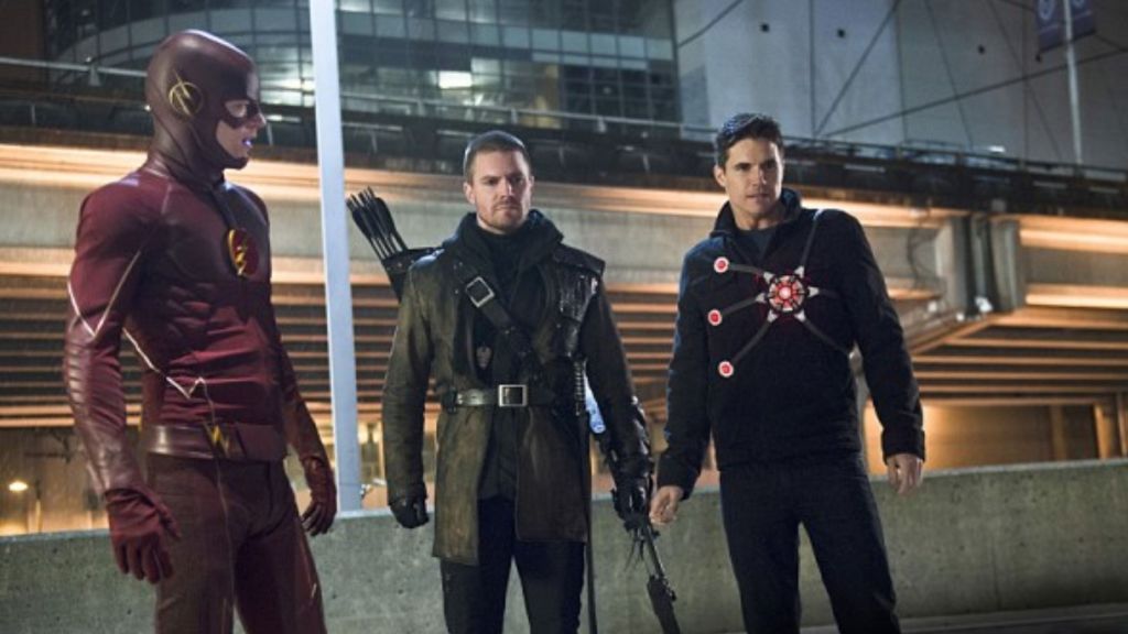 Flash, Arrow, and Firestorm in The Flash.