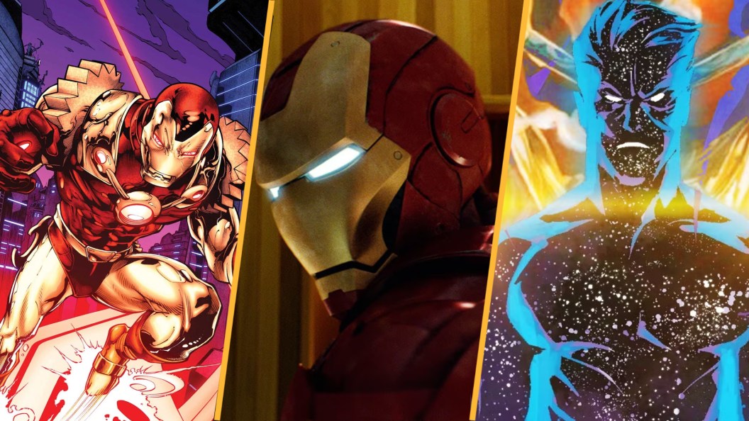 Split image of Iron Man 2020 in Marvel Comics, Iron Man in the MCU, and Korvac in the comics