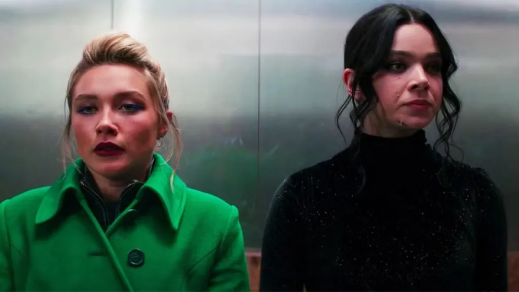 Yelena Belova and Kate Bishop in an elevator in Hawkeye.