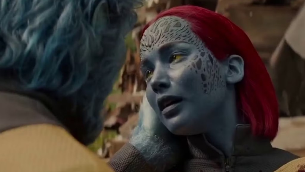 Beast holds Jennifer Lawrence as Mystique as she dies in Dark Phoenix
