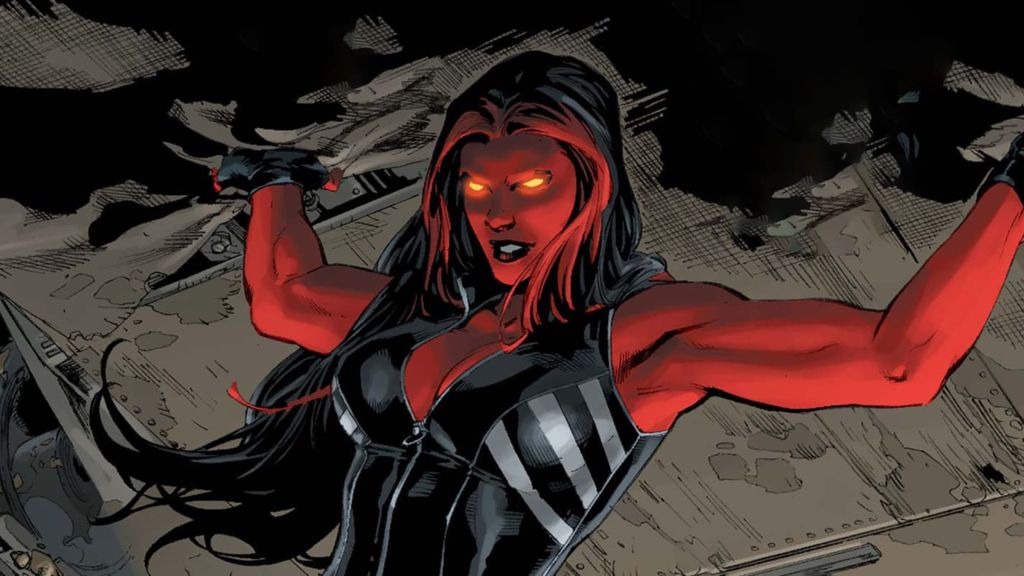 Red She-Hulk lifting an object.