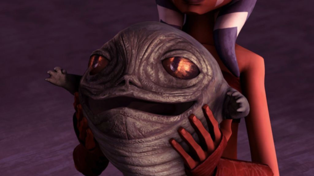 Ahsoka holding Rotta the Hutt in Star Wars: The Clone Wars.