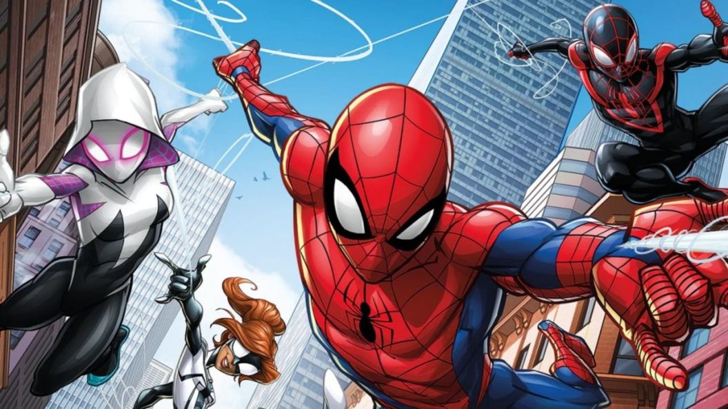 Spider-Man swinging with his friends.