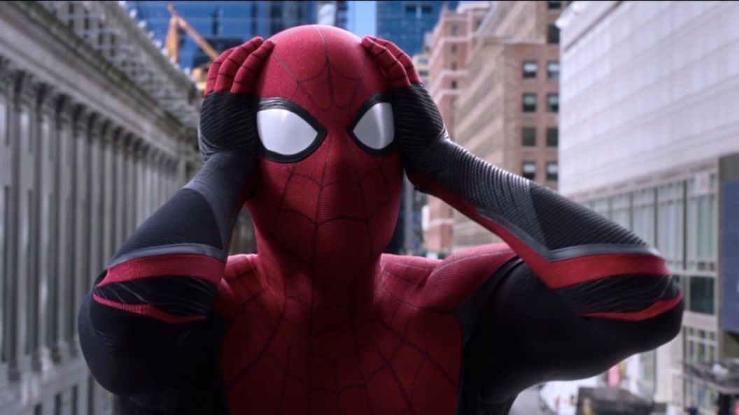 Spider-Man looking shocked in Far From Home.