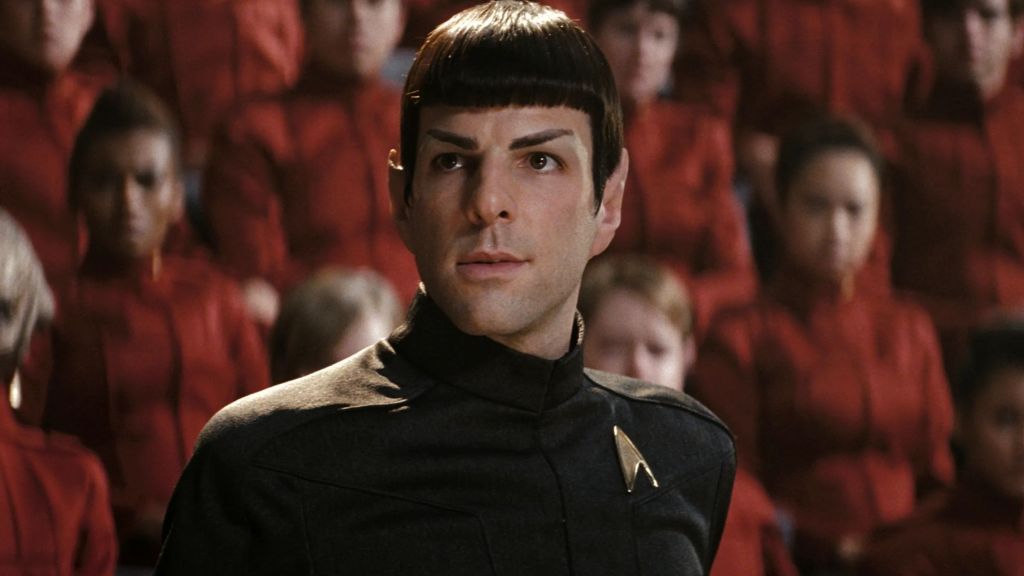 Spock in front of Starfleet cadets.
