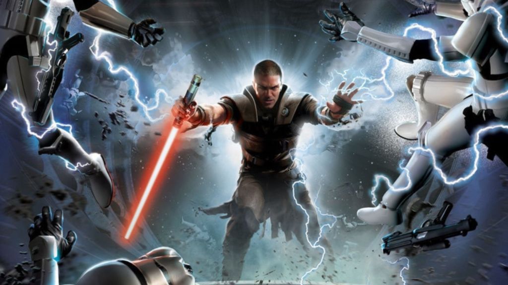 Starkiller pushing stormtroopers.