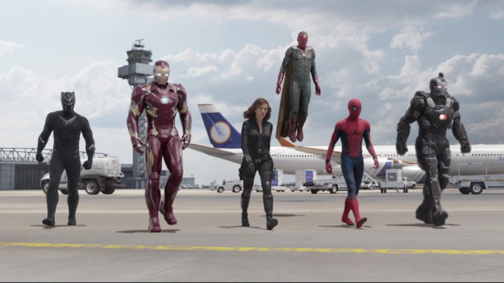 Black Panther, Iron Man, Black Widow, Vision, Spider-Man, and War Machine in Captain America: Civil War