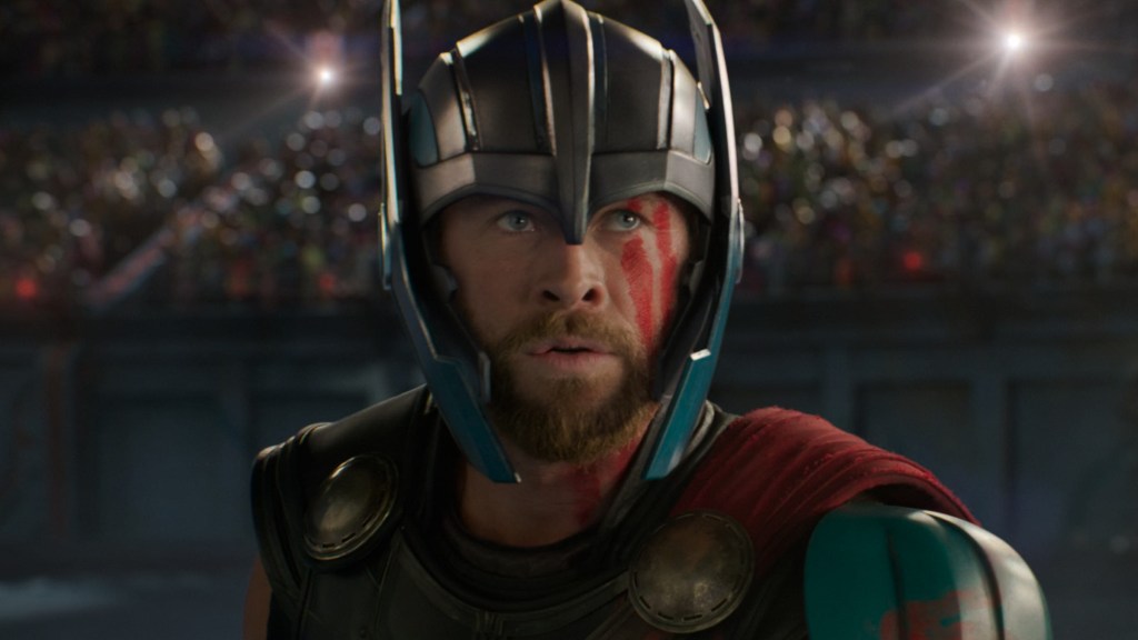 Chris Hemsworth as Thor preparing to fight in Sakaar's arena in Thor: Ragnarok