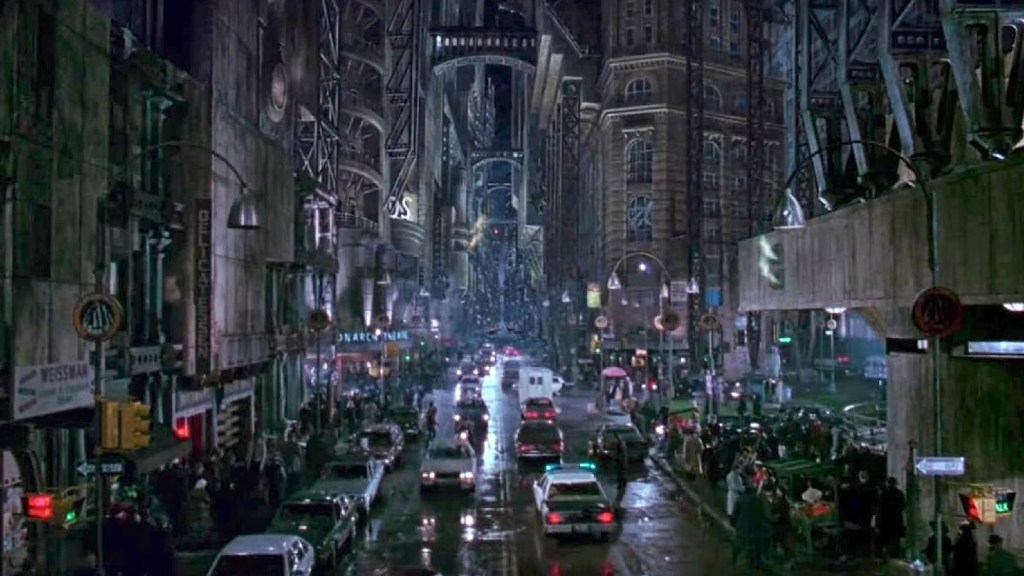 A wide shot of a Gotham City street in Tim Burton's Batman