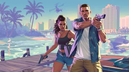 GTA 6's two protagonists, Jason Duval and Lucia Caminos, holding pistols on a dock.